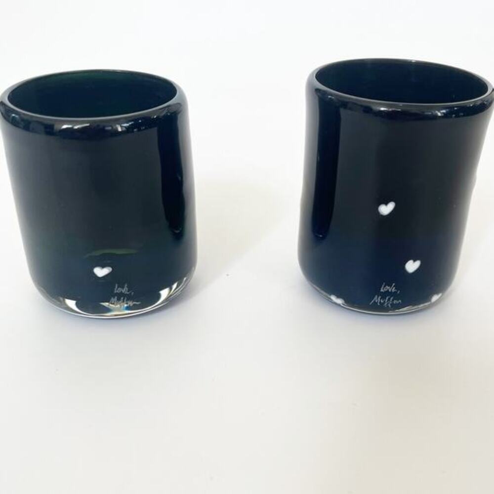 Handblown Glass Cup‎ Set of 2 Navy Blue Hearts Signed Love Muffin Whimsical